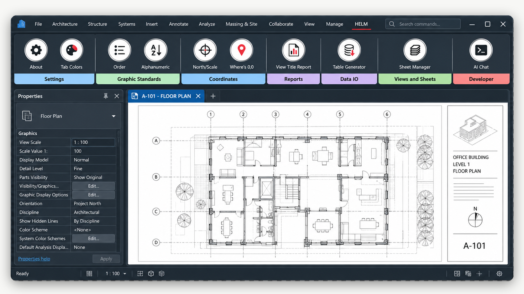 Original Helm interface illustration showing its ribbon tools above a BIM floor plan workspace